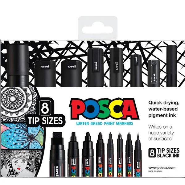 Posca Paint Marker Assorted Nib Set Black Pack 8