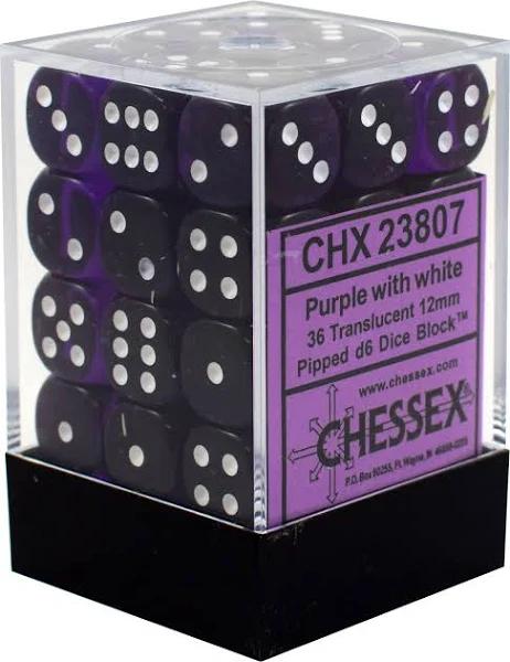 D6 Dice Translucent 12mm (36 Dice) - Purple/White