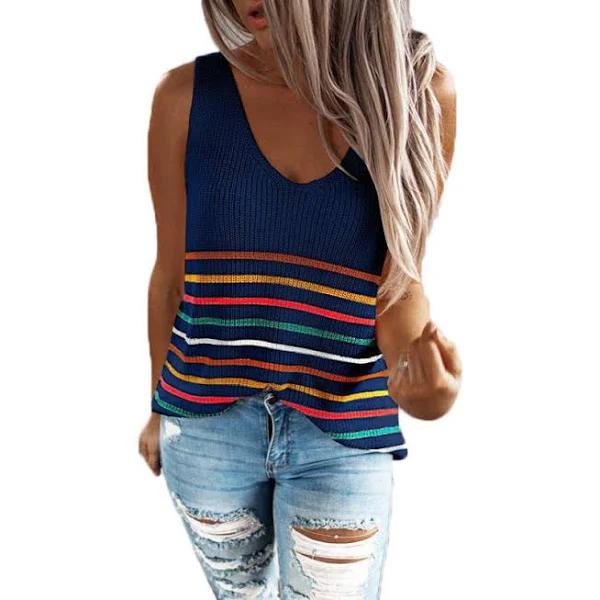 Amoretu Womens Sleeveless V-Neck Knitted Vest Summer Casual Loose Shirt-Blue - S - AfterPay & zipPay Available