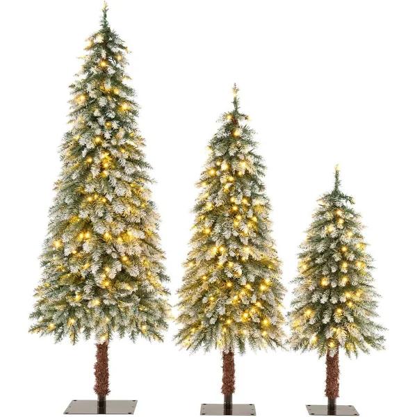 Costway 3pcs Snowy Christmas Tree 0.9/1.2/1.5M Pre-lit Slim Xmas Tree Decoration