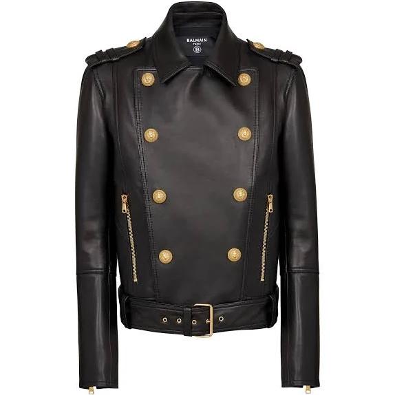 Balmain Double-Breasted Leather Jacket - Black - 50