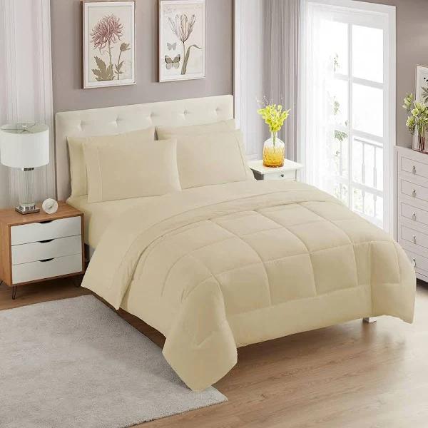 Sweet Home Collection 5 Piece Comforter Set Bag Solid Color All Season Soft Down Alternative Blanket & Luxurious Microfiber Bed Sheets, Beige, Twin