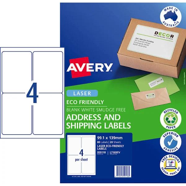 Avery 959118 White Eco Friendly Labels - L7169EV - 20/Pack - 99.1x139 mm | 4Up