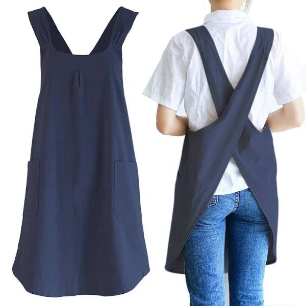 NEWGEM Japanese Linen Cross Back Kitchen Cooking Aprons For Men with Pockets For Baking Painting Gardening Cleaning Navy Blue