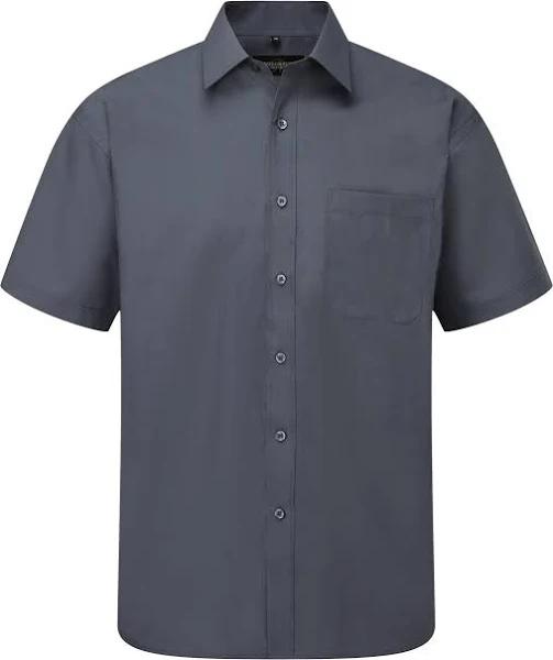 Russell Collection Mens Short Sleeve Poly-Cotton Easy Care Poplin Shirt Convoy Grey 18.5-19