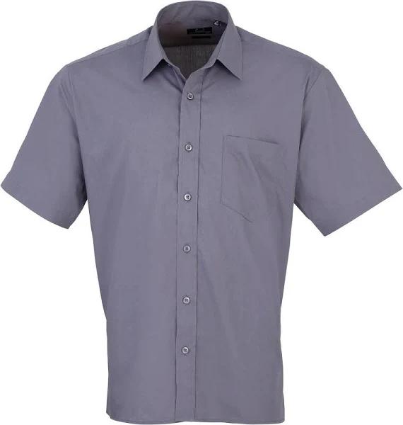 Premier Mens Short Sleeve Formal Poplin Plain Work Shirt Steel Poplin Shirt