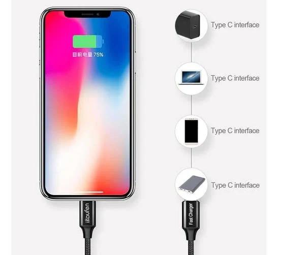 BatteryMate USB-C To Highest Fast Charging Cable For Apple iPhone 8 7 x XS Max 11 12 Pro Max