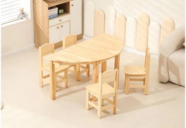 120x60cm Semi Circle Timber Pinewood Wooden Kids Table Activity Study Desk & 4 Wooden Chairs Set