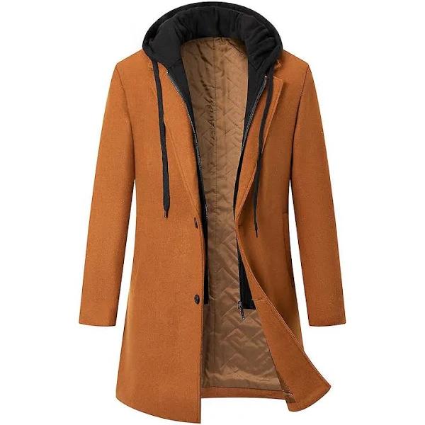 Allthemen Men's Mid Length Coat with Removable Hood, Winter Fashion Heavy Coat Camel M