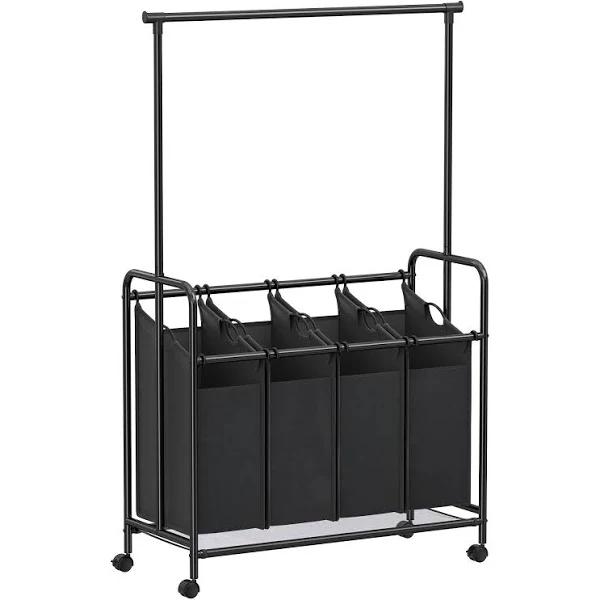 SONGMICS 4-Bag Laundry Sorter Rolling Cart With Hanging Bar Heavy-Duty Wheels Black