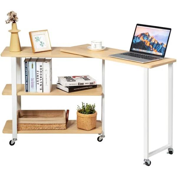 Giantex Mobile L-shaped Side Table 360° Rotating Corner Desk w/2-Tier Storage Shelf Wood Laptop Table Home Office Walnut