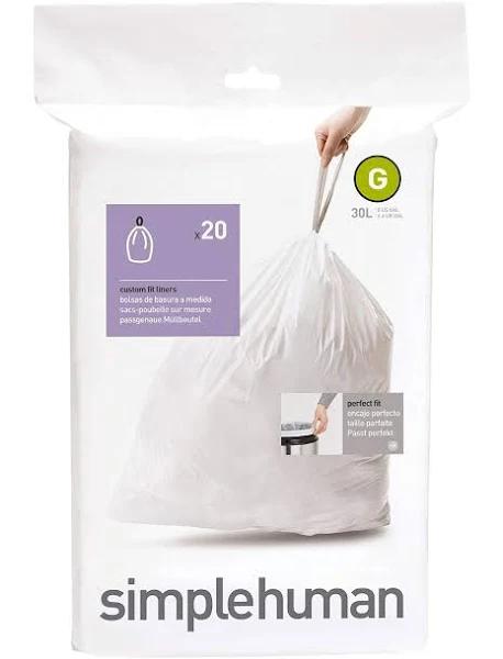 simplehuman Code G 30L Custom Fit Bin Liners, White, CW0166