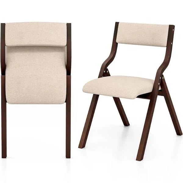 Costway Folding Dining Chair Set of 2 Upholstered Armless Chair Linen Fabric Chairs Coffee