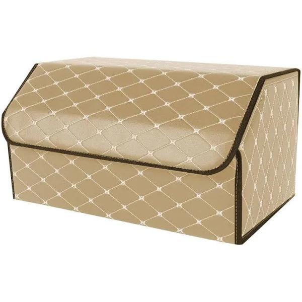 SOGA Leather Car Boot Collapsible Foldable Trunk Cargo Organizer Portable Storage Box Beige/Gold Stitch Large