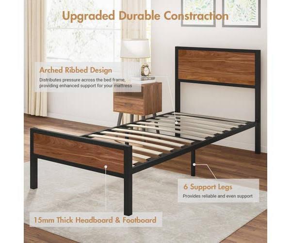 Advwin Bed Frame Single Size Metal Bed Base Industrial Platform Bed With Wooden Headboard