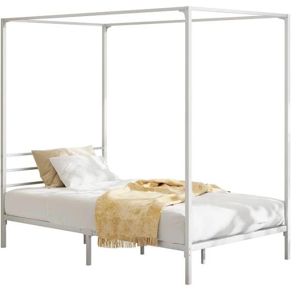 Oikiture Metal Canopy Bed Frame Single Size Beds Platform White