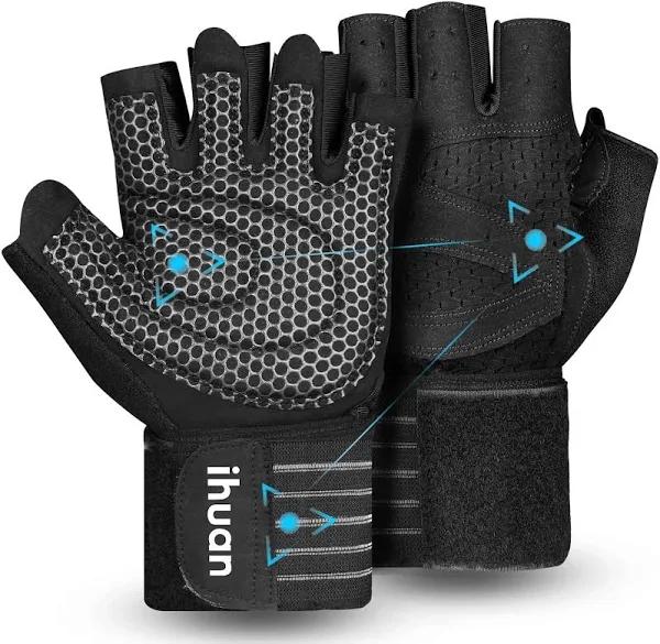 ihuan Ventilated Weight Lifting Gym Workout Gloves with Wrist Wrap Support for Men & Women, Full Palm Protection, for Weightlifting, Training, Fi