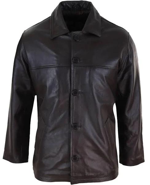 Infinity Leather Men's Casual Real Leather Jacket Button Box Mid Length Classic Coat Brown