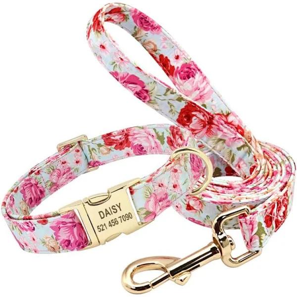 Handmade Personalized Floral Nylon Printed Dog Collar and Leash Sets - Pink - AfterPay & zipPay Available