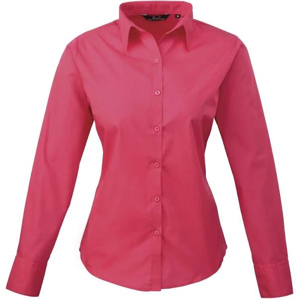 Premier Womens/Ladies Poplin Long Sleeve Blouse / Plain Work Shirt Hot Pink Work Shirt