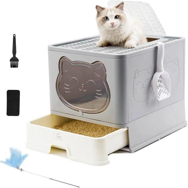 HelloMiao Fully Enclosed Cat Litter Box with Lid, Foldable Extra Large Cat Toilet, Drawer Type Cat Litter Tray with Plastic Scoop, Suitable for Cats