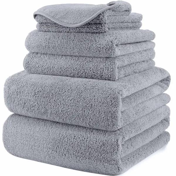 POLYTE Luxury Quick Dry Lint Free Microfiber Bath Towel Set, 6 Piece Gray