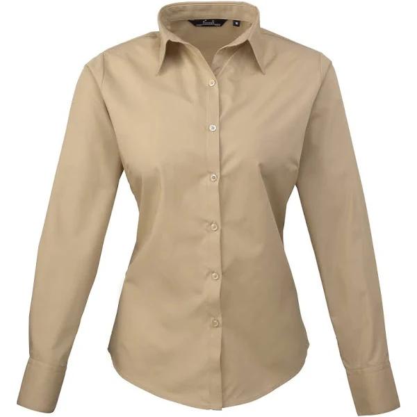 Premier Womens/Ladies Poplin Long Sleeve Blouse / Plain Work Shirt Khaki 20