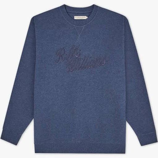 R.M.Williams - Men's R.M.W. Script Crew Neck Jumper - Dark Blue Marle - M