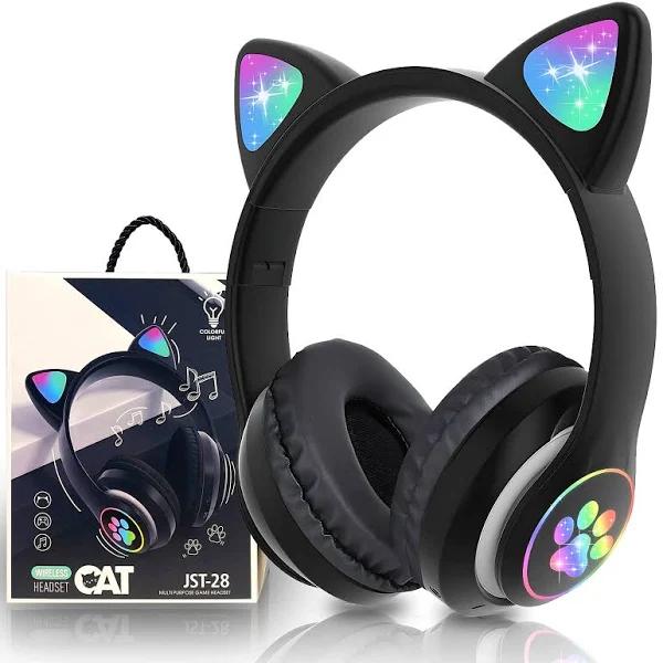 Wireless Headphones for Kids,Cat Ear LED Light Up Bluetooth Kids Headphones with Microphone for School/Travel/Sports/Gaming/Gifts/Christmas (Black)