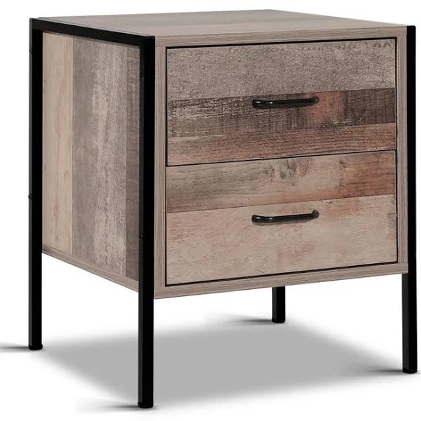 Artiss Bedside Table Drawers - Metal Oak Nightstand