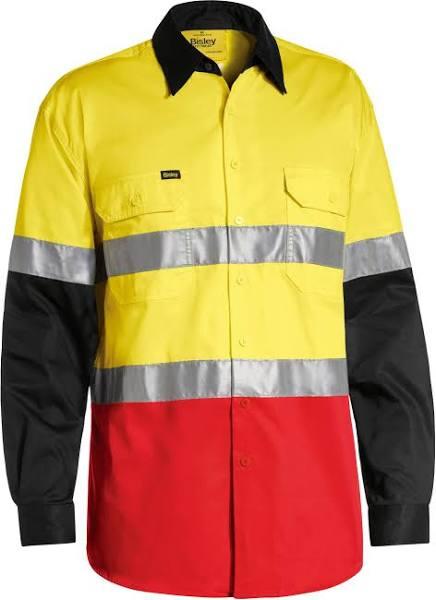 Bisley BS6697T Hi-Vis Taped Lightweight Shirt Long Sleeve - Yellow/Black/Red / XL