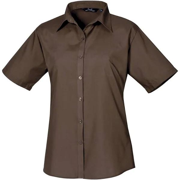 Premier Short Sleeve Poplin Blouse / Plain Work Shirt Brown 18