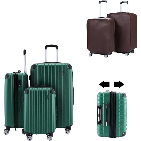 3 Piece Luggage Set Carry On Suitcases Travel Cabin Bags Hard Shell Case With Wheels Lightweight Rolling Trolley TSA Lock 2 Covers Green