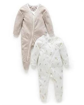 David Jones Purebaby Essentials 2 Pack Zip Growsuit in Vanilla Wattle Bee, Size 00000