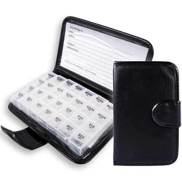 1st Care 2pce Pill Wallet Box/Organiser Storage Dispenser Leather Case