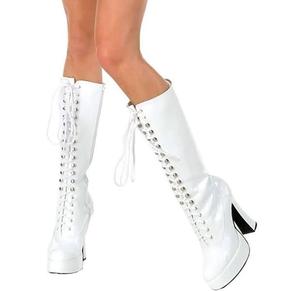 Ladies White Patent Lace Up Boots - 6