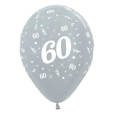 30cm Age 60 Satin Pearl Silver Latex Balloons 6 Pack