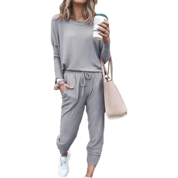 Amoretu Women Loose Solid Color Long Sleeve Top Casual Drawstring Pants With Pockets-Gray - 2XL - AfterPay & zipPay Available