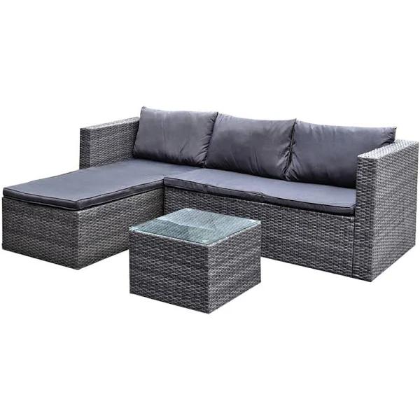 3pc Lounge Set Outdoor Furniture Rattan Wicker Chair Sofa Tempered Glass Coffee Table Garden Patio