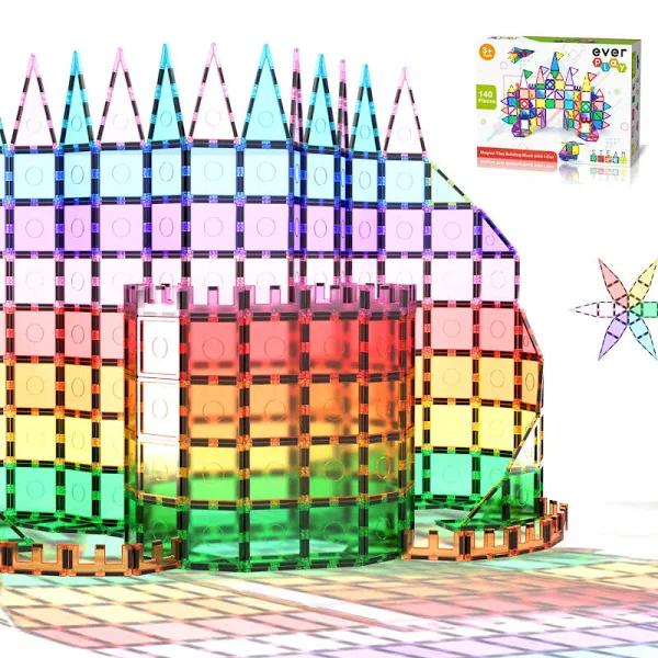 Everplay 140 PC Castle Rocket Magnetic Tiles with Car Set Building Block Toys Stem Educational Learning Magnet Toy Preschool Montessori Boys & Girls