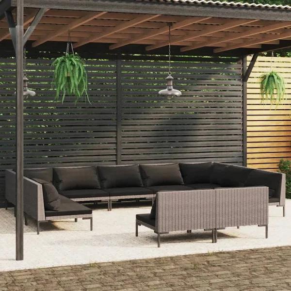 vidaXL 11 Piece Garden Lounge Set with Cushions Poly Rattan Dark Grey