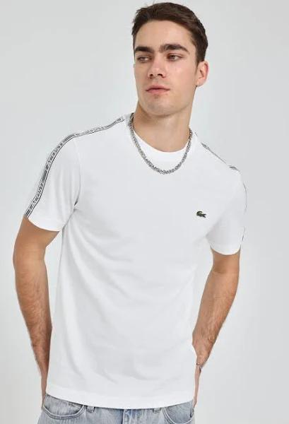 Official Lacoste Logo Tape Jersey Tee in White at ShoeGrab M