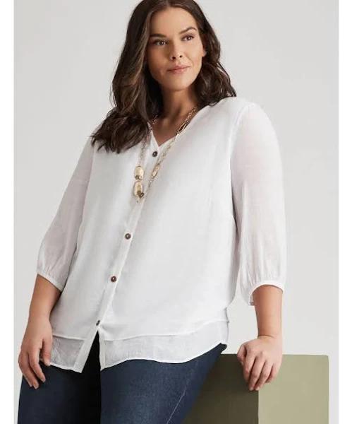 Autograph - Plus Size - Womens Tops - Woven 3/4 Sleeve Button V- Neck Top