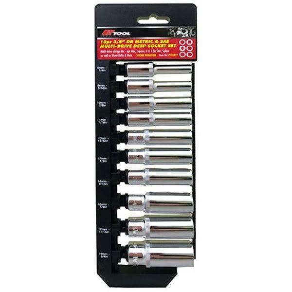 Pk Tools Socket Multi Drive Deep Wall Set 3/8" Dr Metric & SAE 10pc