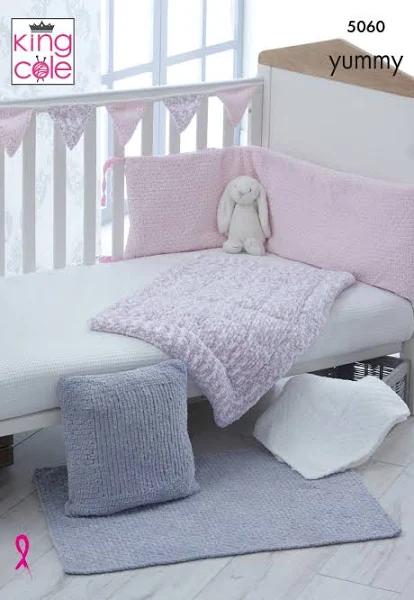 King Cole Yummy Knitting Pattern - Cot Cover Blanket Cushion & Bunting (5060)