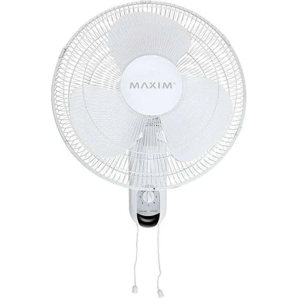 Maxim 40cm 3 Speed Electric 50W Oscillating Wall Mounted Fan With Pull Cord Wht