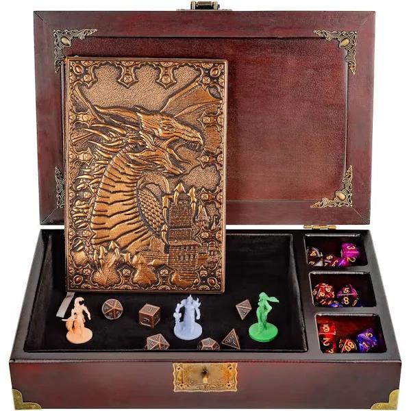 HORNATE DND Dice Tray 3 in 1 - DND Dice Set Metal with A Wooden Box - DND Dice Holder with Storage Organizer | Dice Rolling Tray with DND Books -