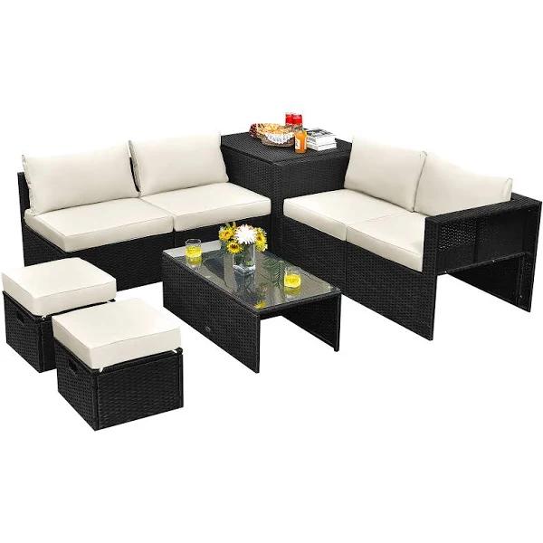 Costway 8pcs Outdoor Sofa Set All-Weather Rattan Couch Patio Lounge Furniture Garden w/Storage Box&Tempered Table White