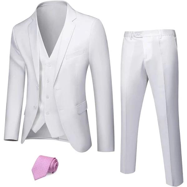 My's Men's 3 Piece Solid Suit Set, One Button Slim Fit Jacket Vest Pants with Tie