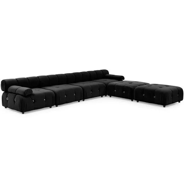 Foret 6 Seater Arm Sofa Modular Ottoman Velvet Tufted Lounge Couch Chaise 5 Colors - Black